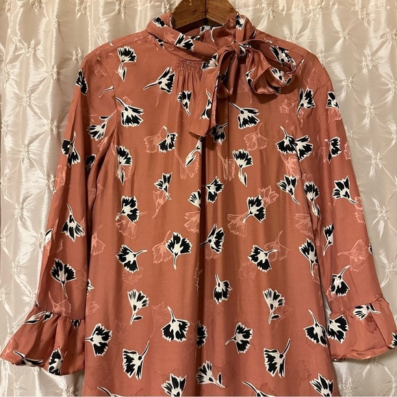 Rebecca Taylor Ikat Paintbrush Silk Ruffle Dress Pink Black Floral Cutout - Picture 4 of 16